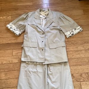 80s Aventura vintage khaki suit- skirt, blouse, short sleeve jacket 100% cot…